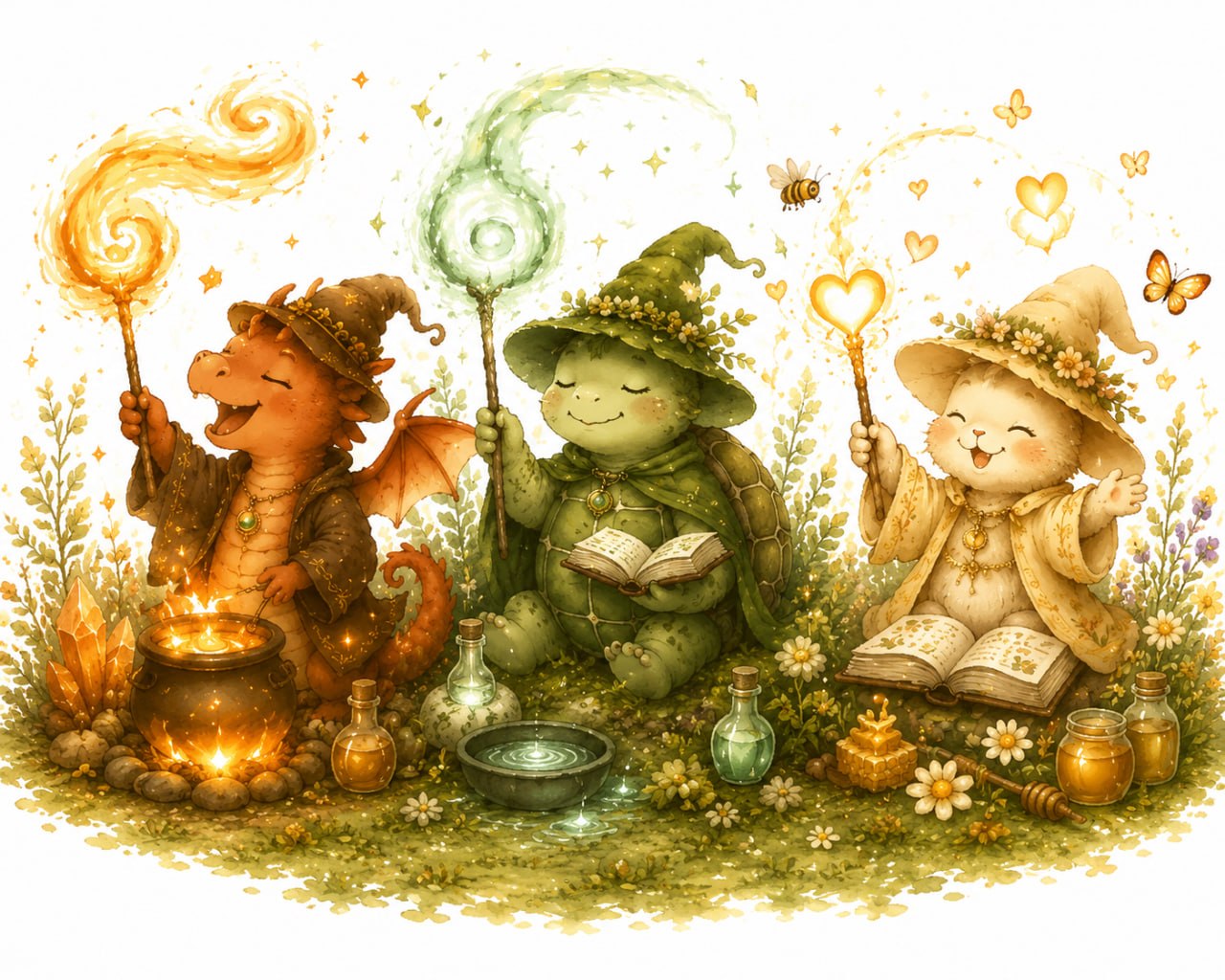 Dragon, Turtle, and Honey — the three Little Alchemist characters as wizard alchemists