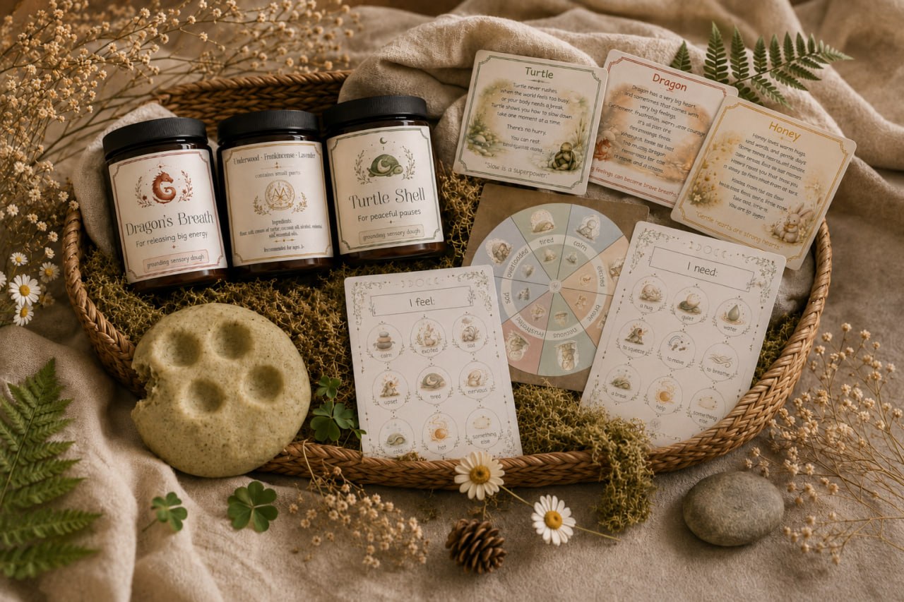 Little Alchemists Sensory Jar Collection — three jars, companion cards, SEL visuals, and sensory dough in a woven basket