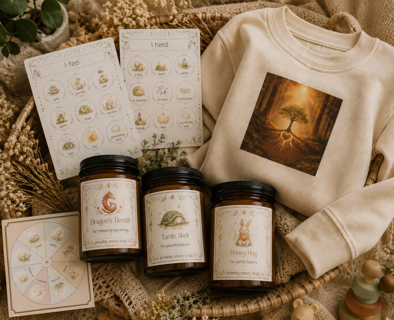 Little Alchemists Sensory Jar Collection — three handcrafted sensory jars with social-emotional learning visuals, displayed in a warm lifestyle setting