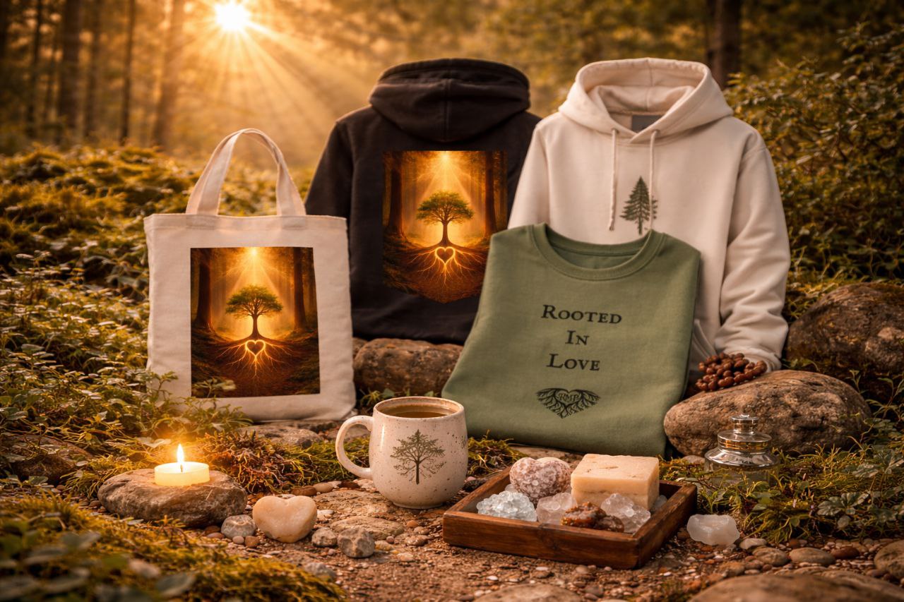 Rooted Minds merchandise displayed in a forest setting — hoodies, a Rooted in Love sweatshirt, tree-of-life tote bag, candle, and warm mug surrounded by moss and golden sunlight