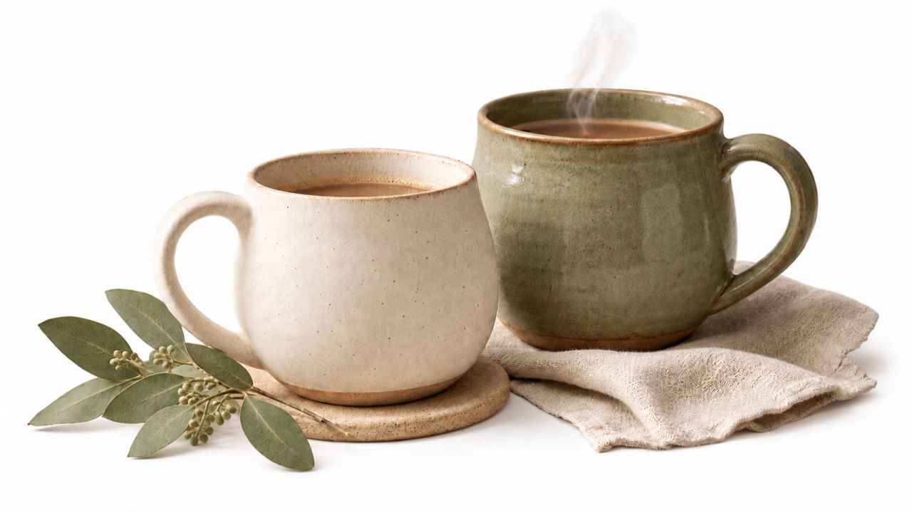 Two handmade ceramic mugs in cream and sage green