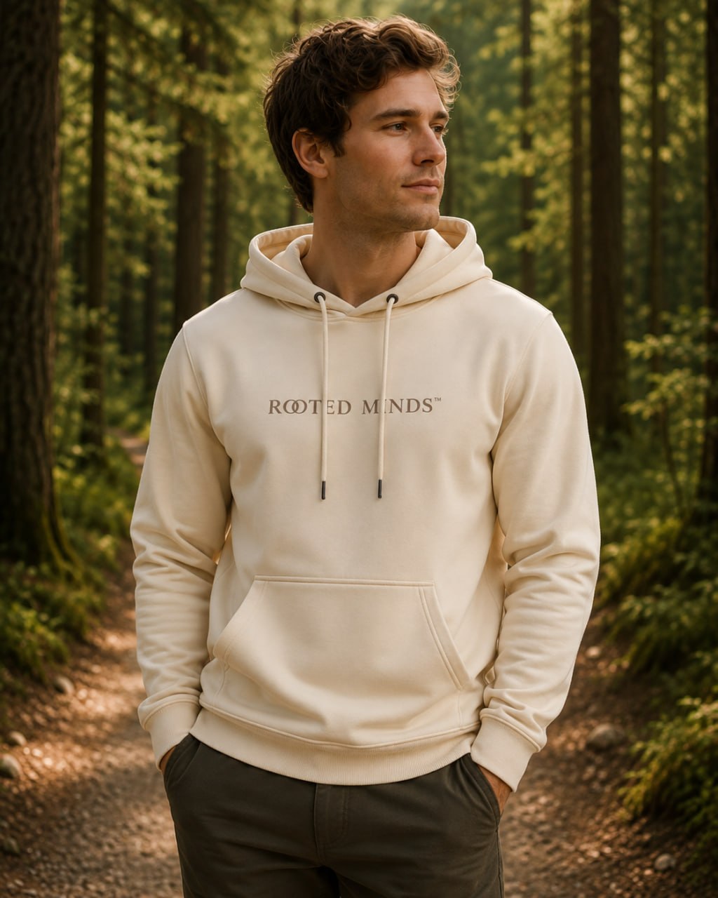 Rooted Minds Sweatshirt — men's model from front showing Rooted Minds text
