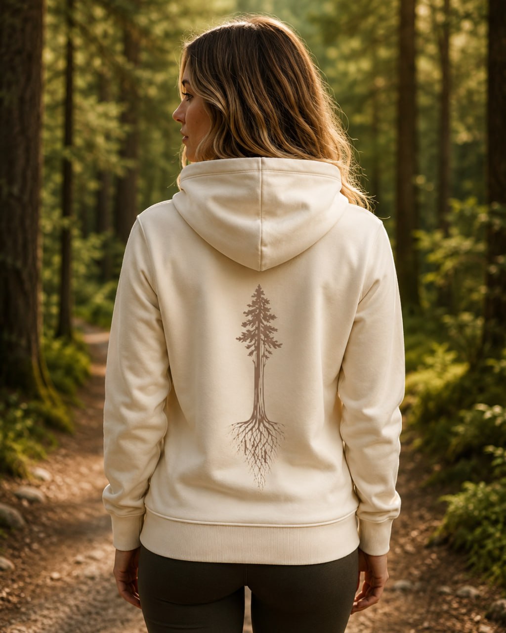Rooted Minds Sweatshirt — women's model from behind showing rooted tree back artwork
