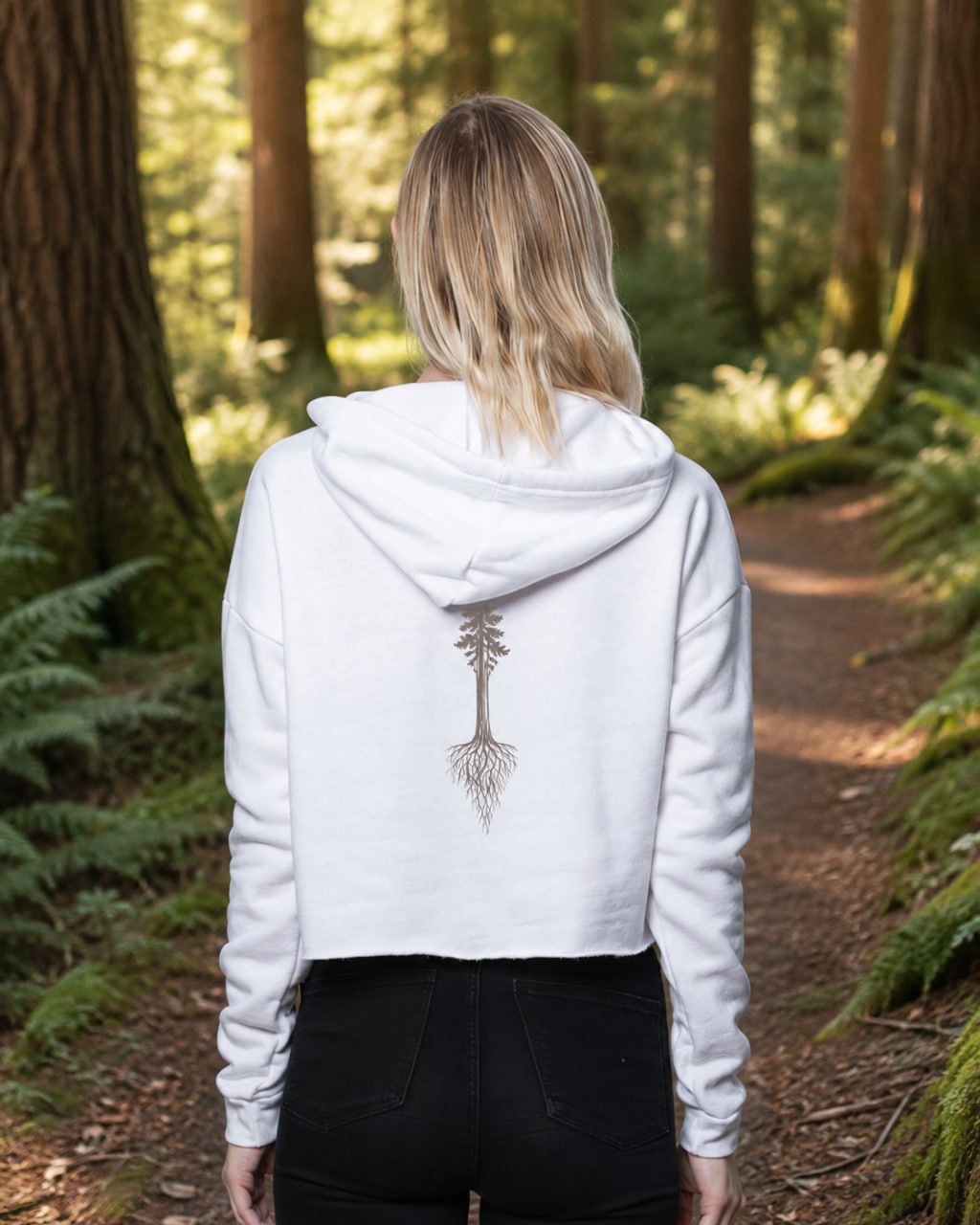 Rooted Minds Crop Hoodie — back view showing rooted tree artwork