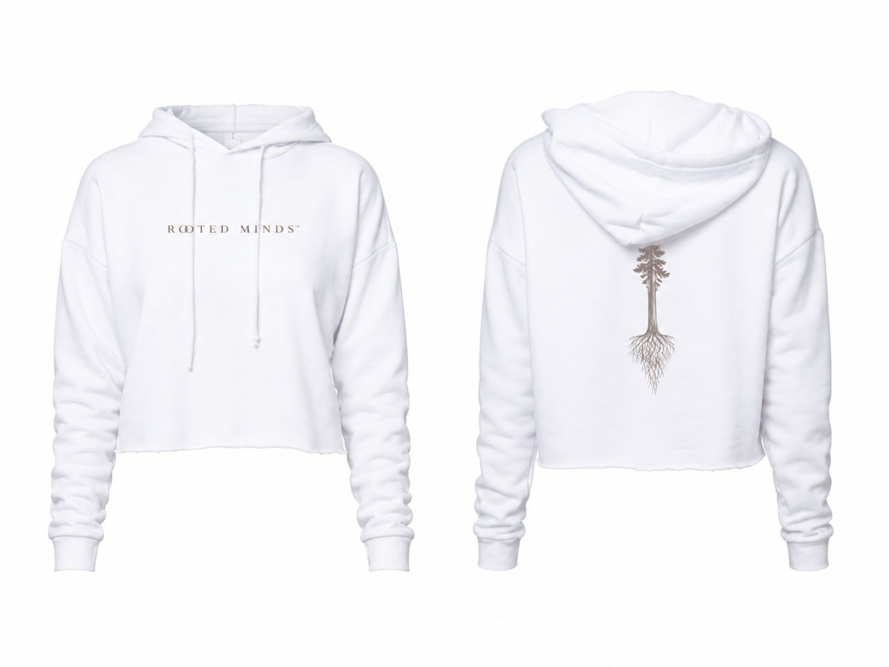 Rooted Minds Crop Hoodie — front and back flat lay