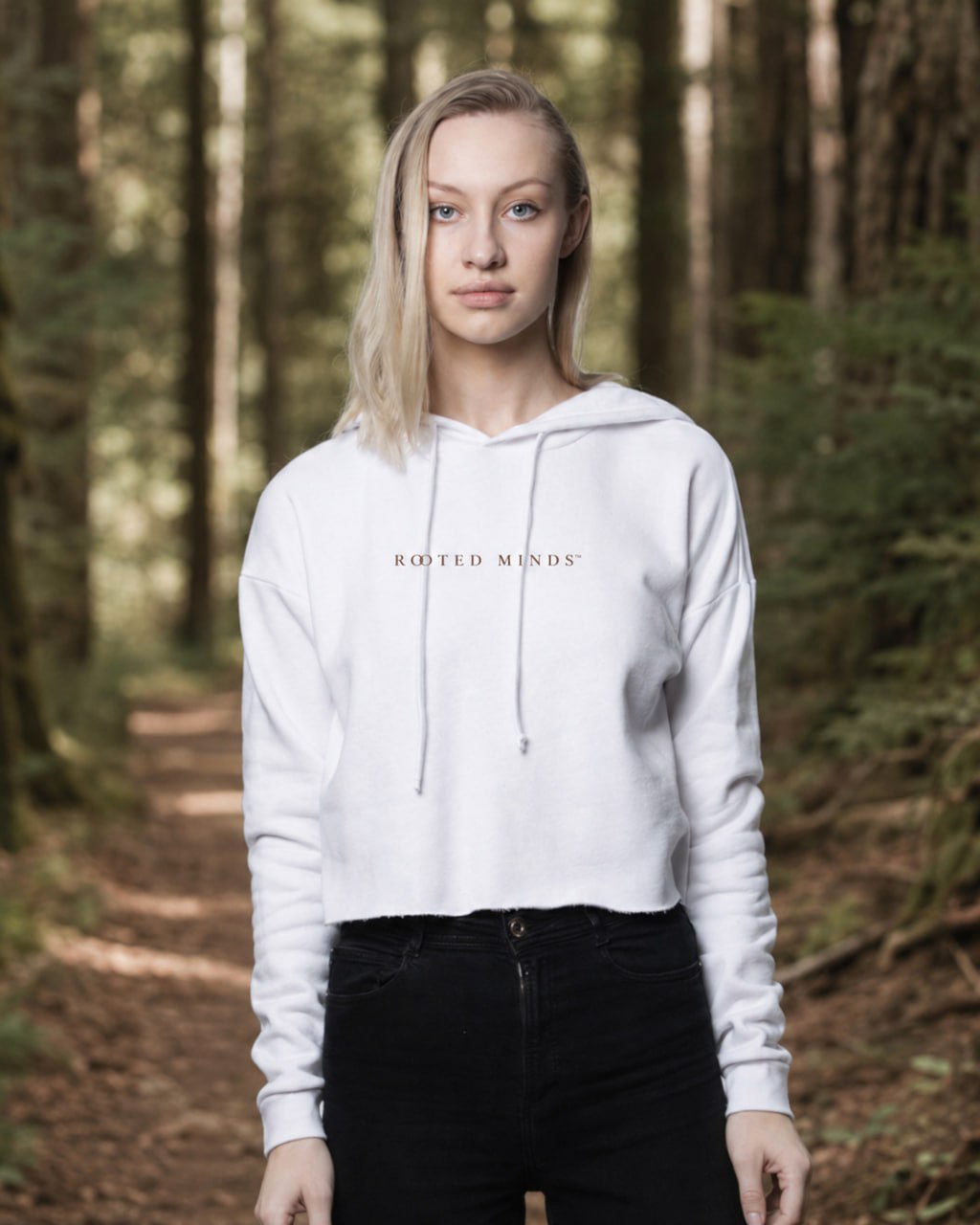 Rooted Minds Crop Hoodie — front view with Rooted Minds text