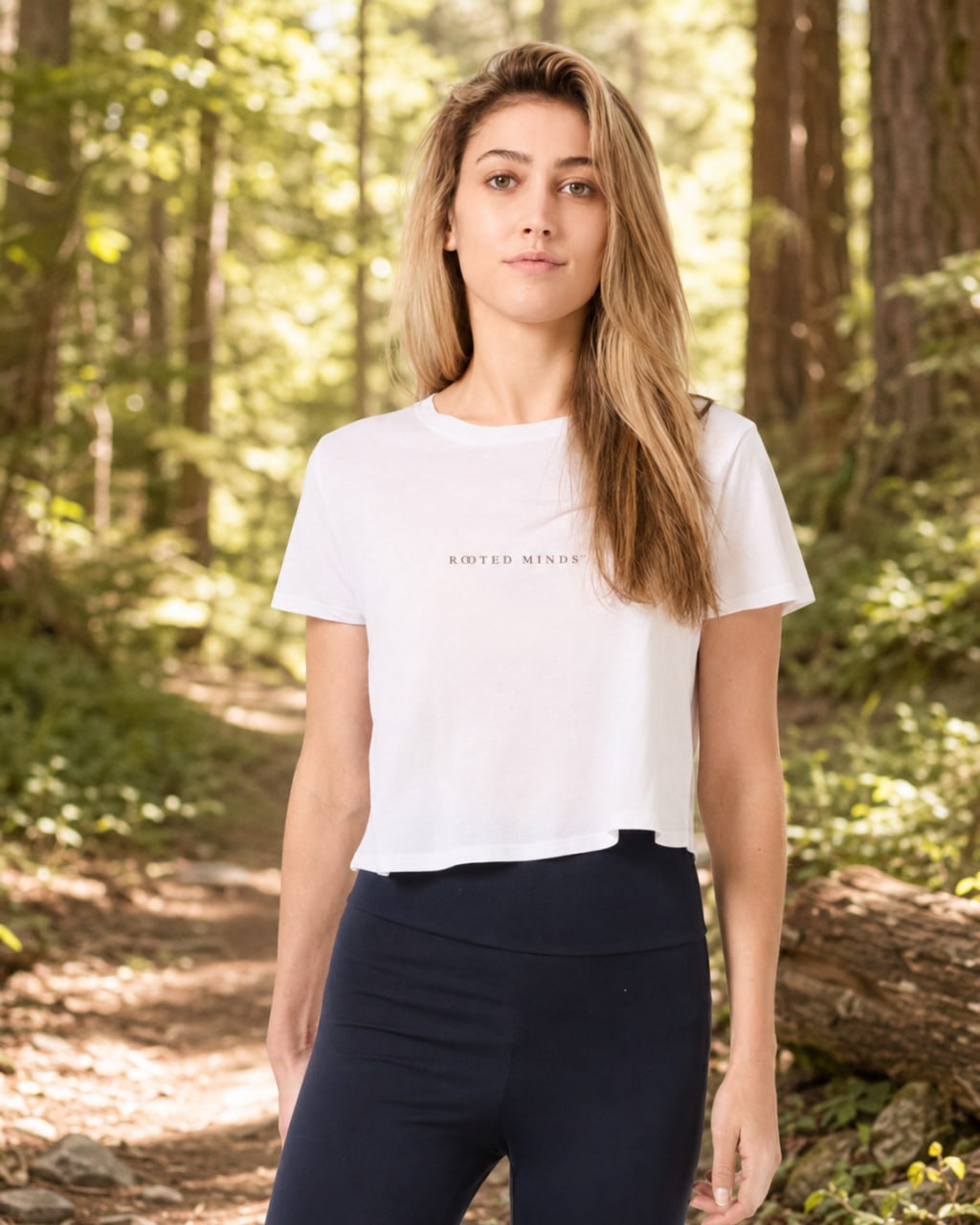 Rooted Minds Crop Tee — front view with Rooted Minds text