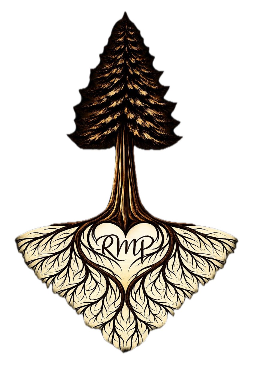Rooted Minds logo — tree with roots forming a heart