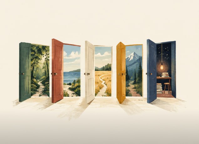 Five open doors, each revealing a different path — a forest trail, an ocean view, a golden field, mountains, and a quiet study lit by a single lamp