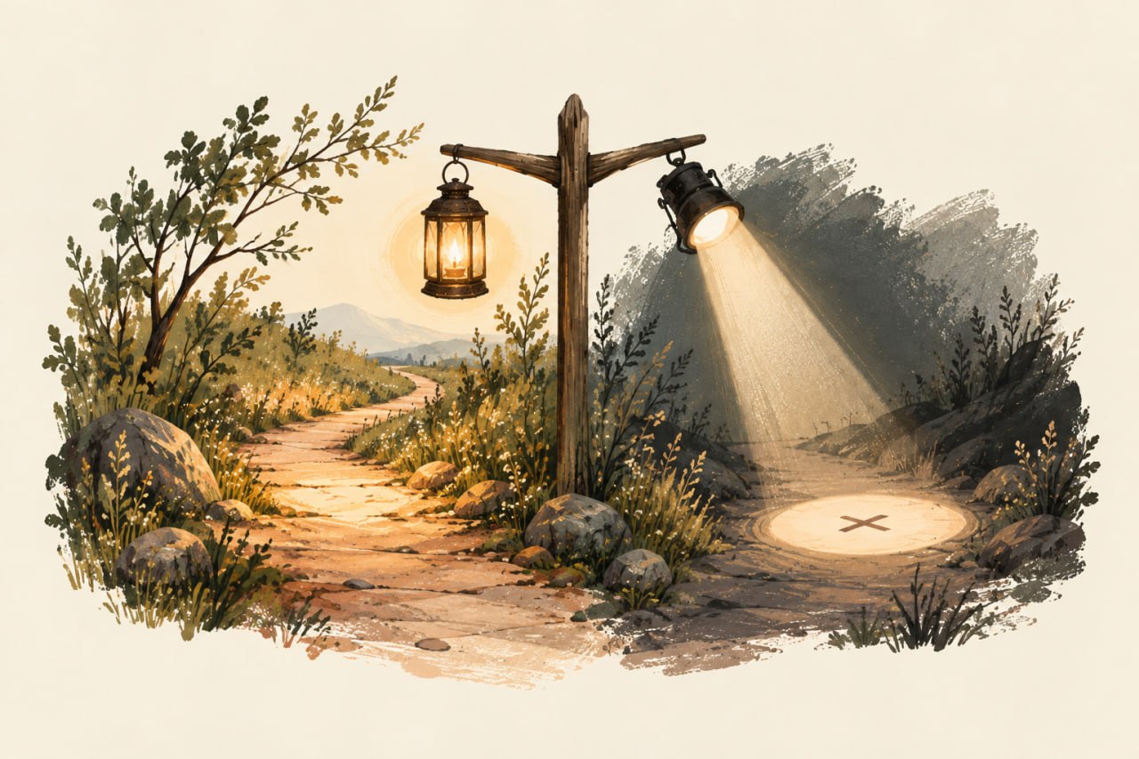 A wooden post at a fork in the path — one side lit by a warm lantern glow, the other by a sharp spotlight marking an X on the ground