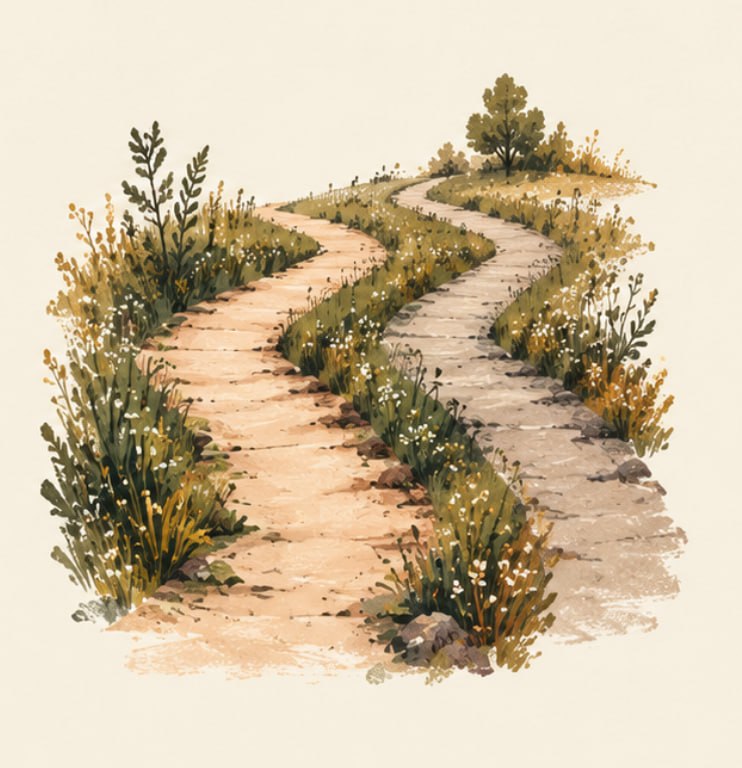 A winding stone path lined with wildflowers, curving gently toward the horizon