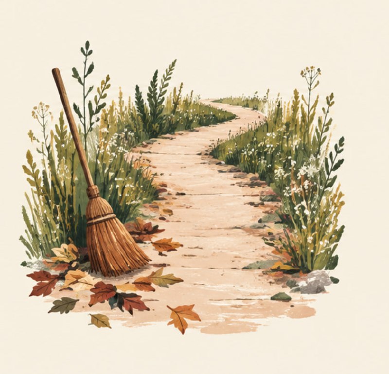 A broom resting beside a winding path with autumn leaves swept to the side, wildflowers growing along the edges
