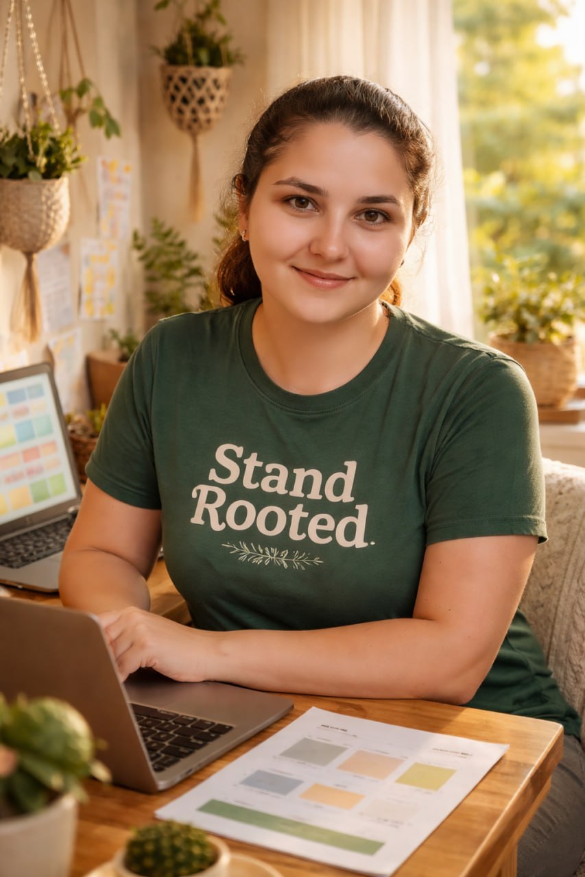 Marie wearing a Stand Rooted t-shirt at her desk with a laptop and color-coded spreadsheets, surrounded by plants and macrame