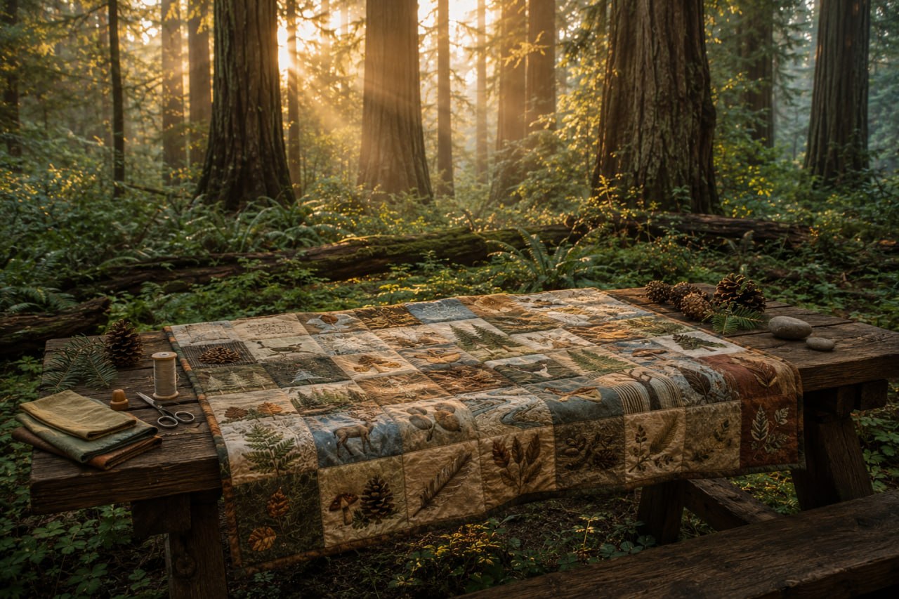 A nature quilt spread on a wooden bench among redwood trees in golden morning light
