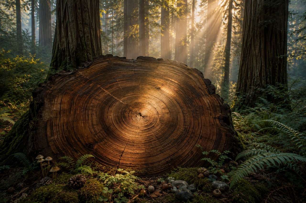 Cross-section of an ancient redwood tree showing growth rings, with forest light filtering through trees in the background