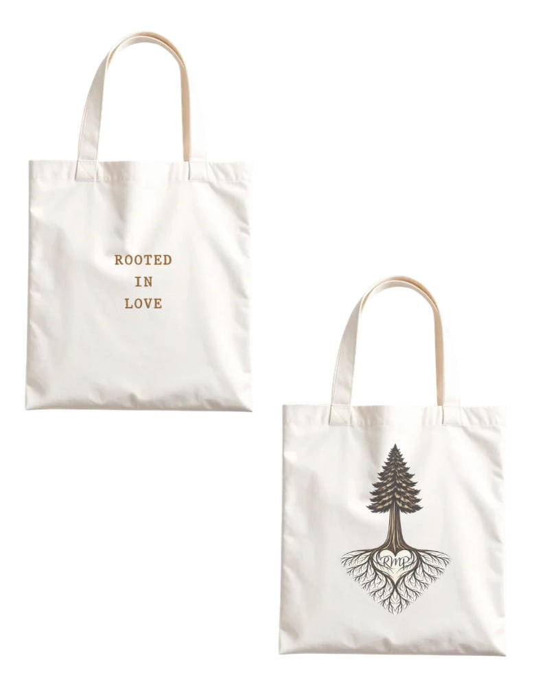 Rooted in Love tote — both sides showing text and rooted tree with RMP design