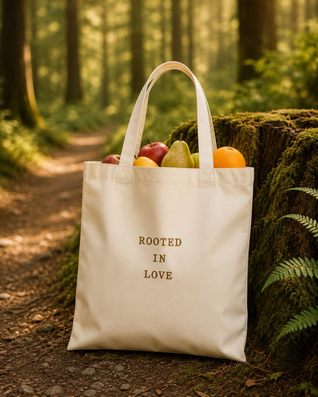 Rooted in Love tote bag filled with fresh fruit, leaning against a mossy log on a sunlit forest path