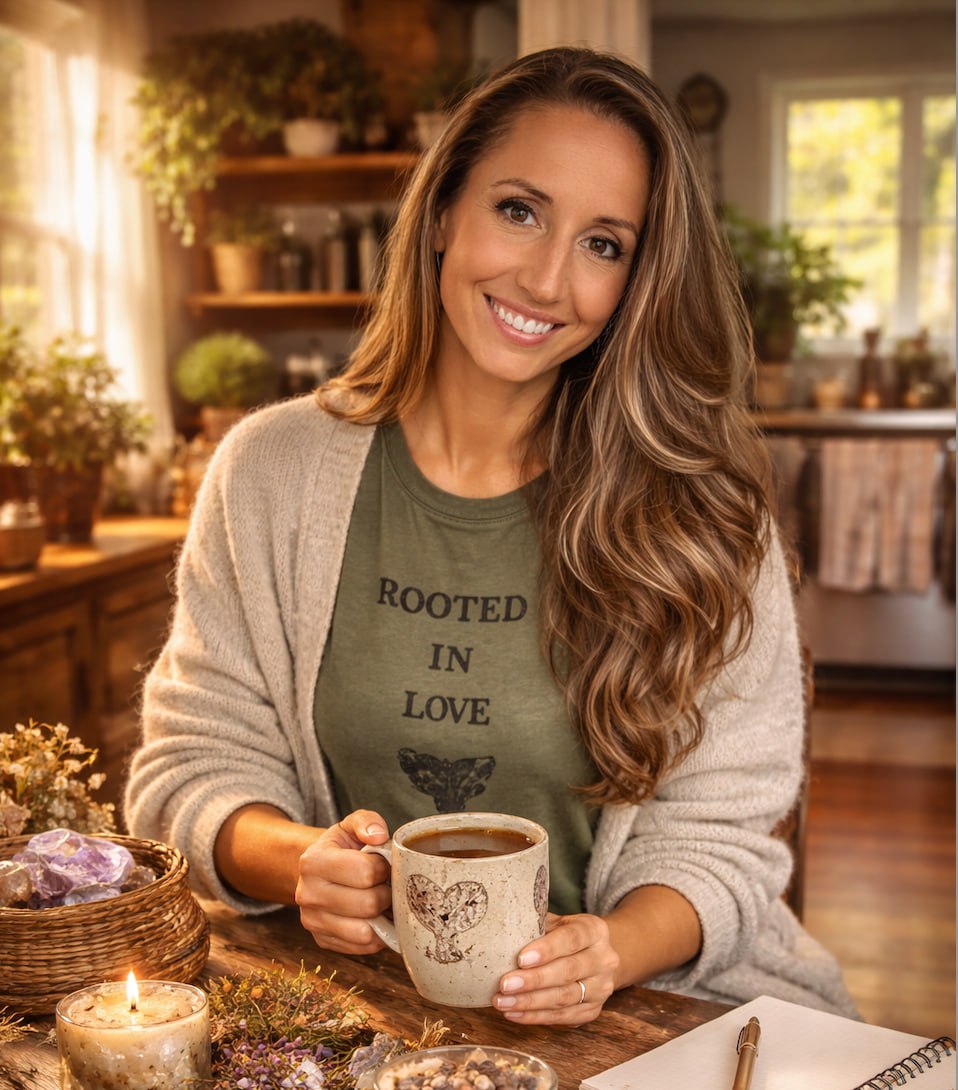 Woman wearing a Rooted in Love t-shirt holding a handmade mug in a warm, cozy setting with candles and greenery
