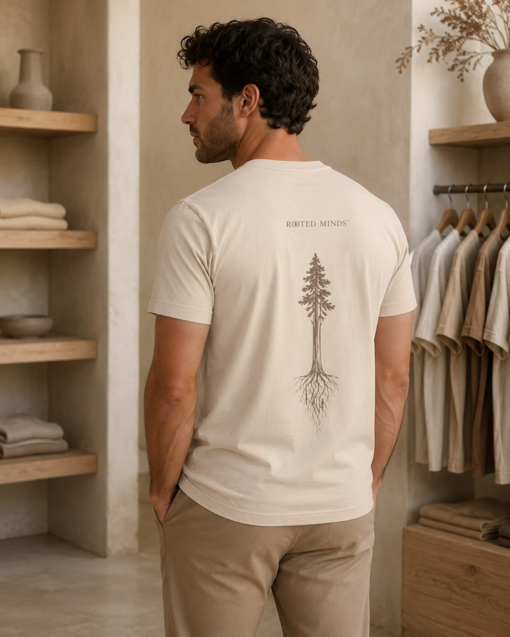 Stand Rooted Tee — men's fit modeled from behind, showing tree and roots design