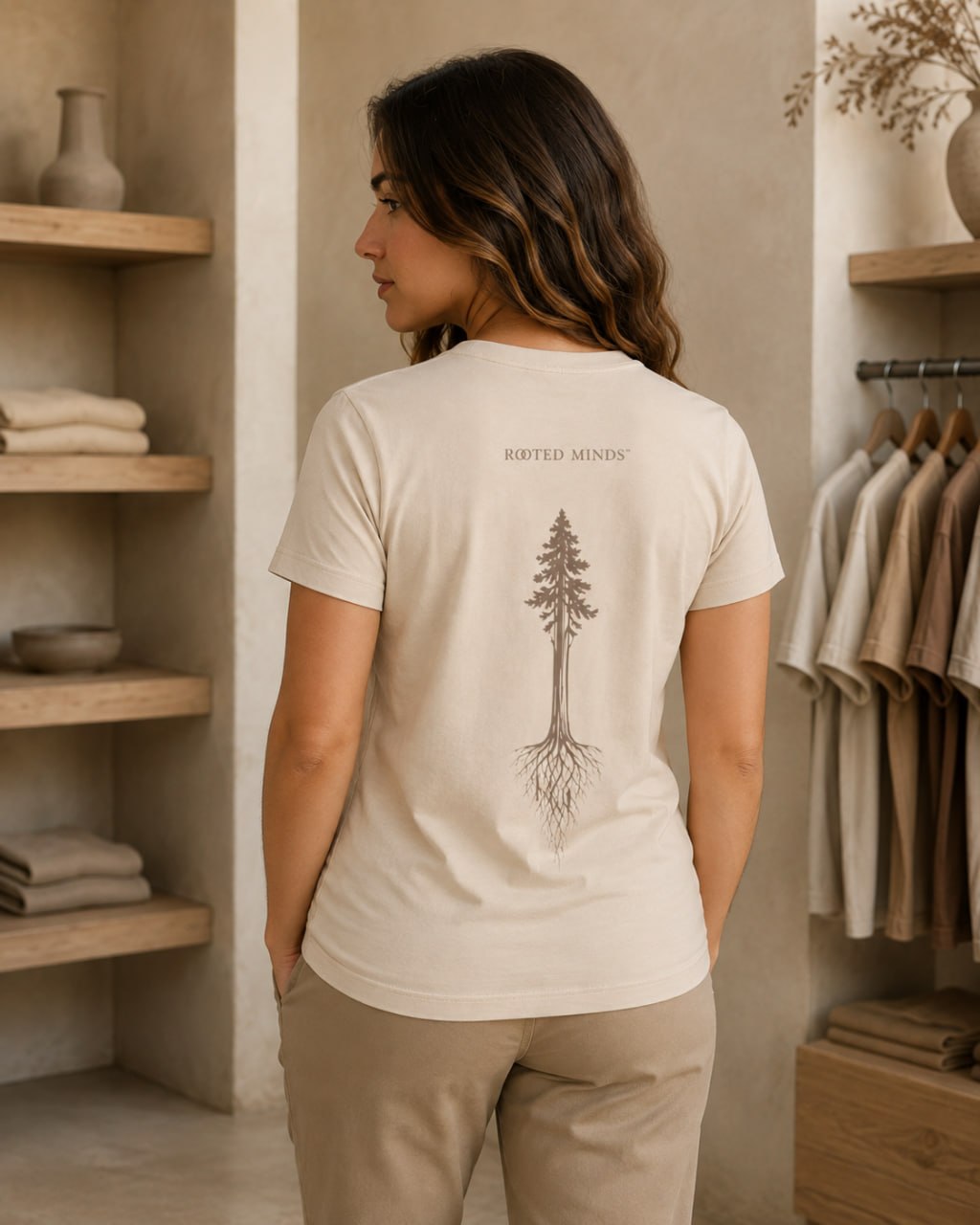 Stand Rooted Tee — women's fit modeled from behind, showing tree and roots design