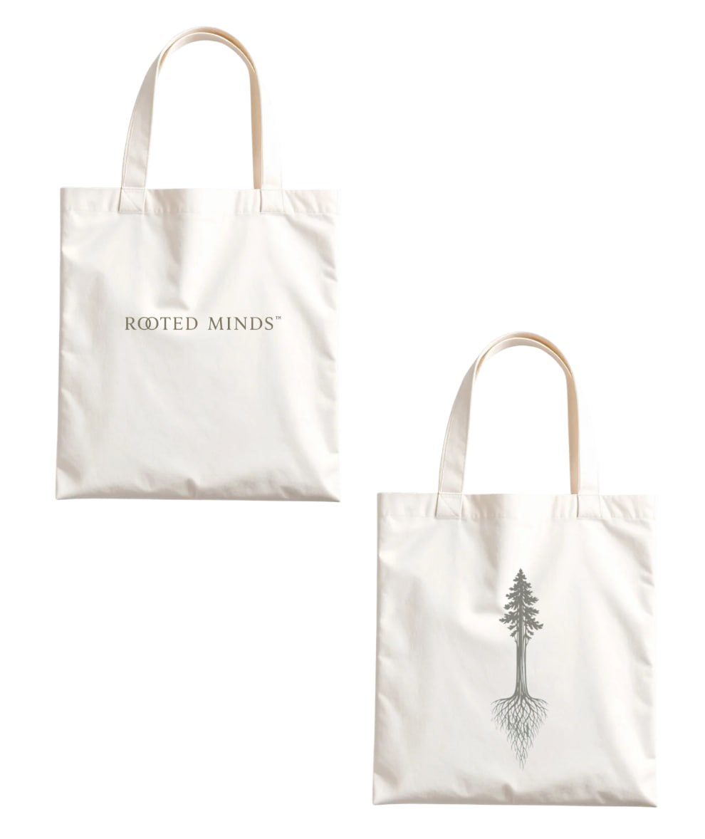 Stand Rooted Tote — both sides showing Rooted Minds text and rooted tree design