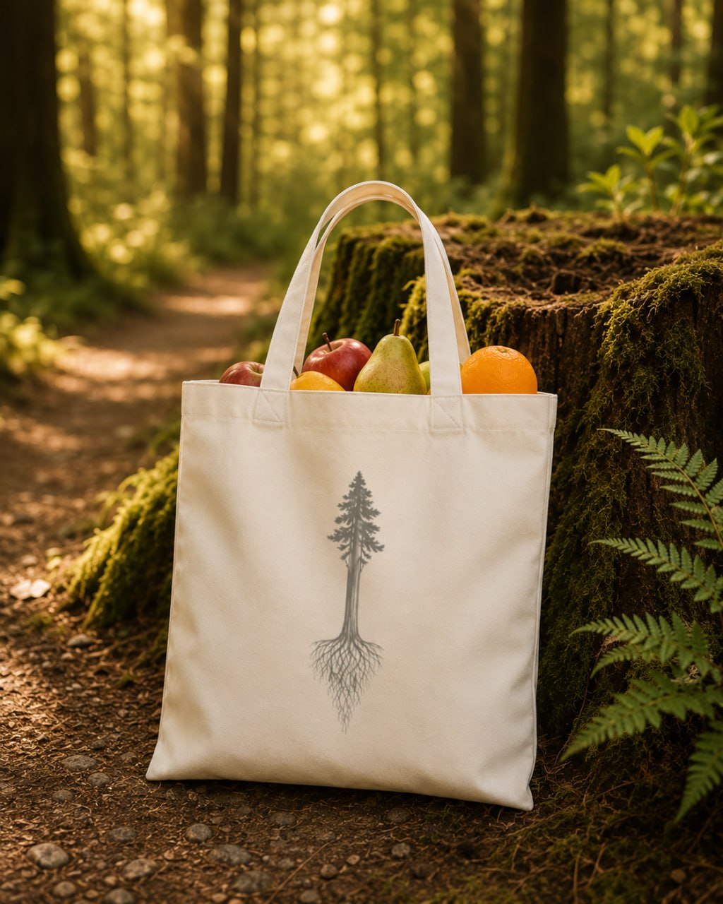 Stand Rooted Tote with tree design, filled with fruit on a sunlit forest path