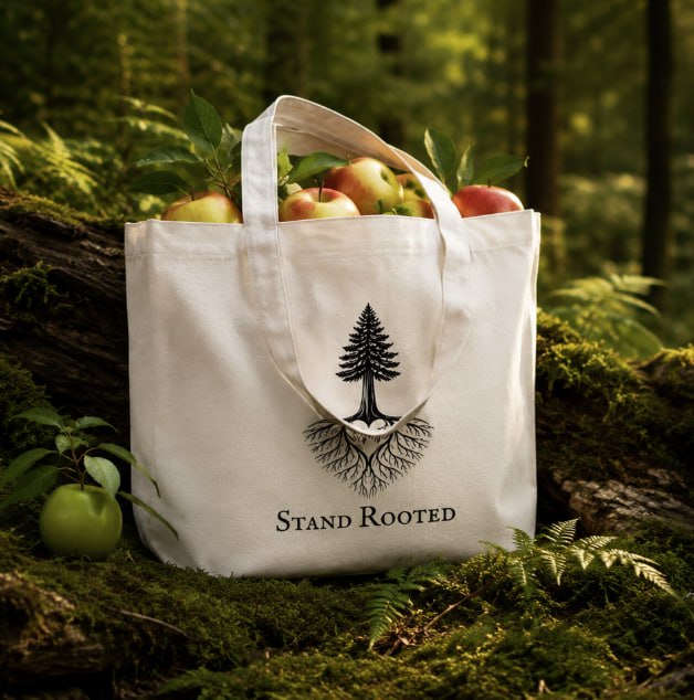 Stand Rooted tote bag filled with apples in a forest setting
