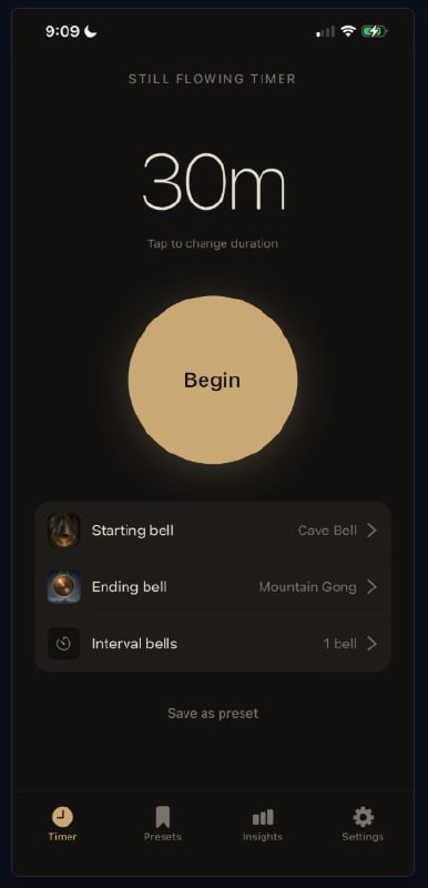 Still Flowing app — meditation timer with warm gold Begin button