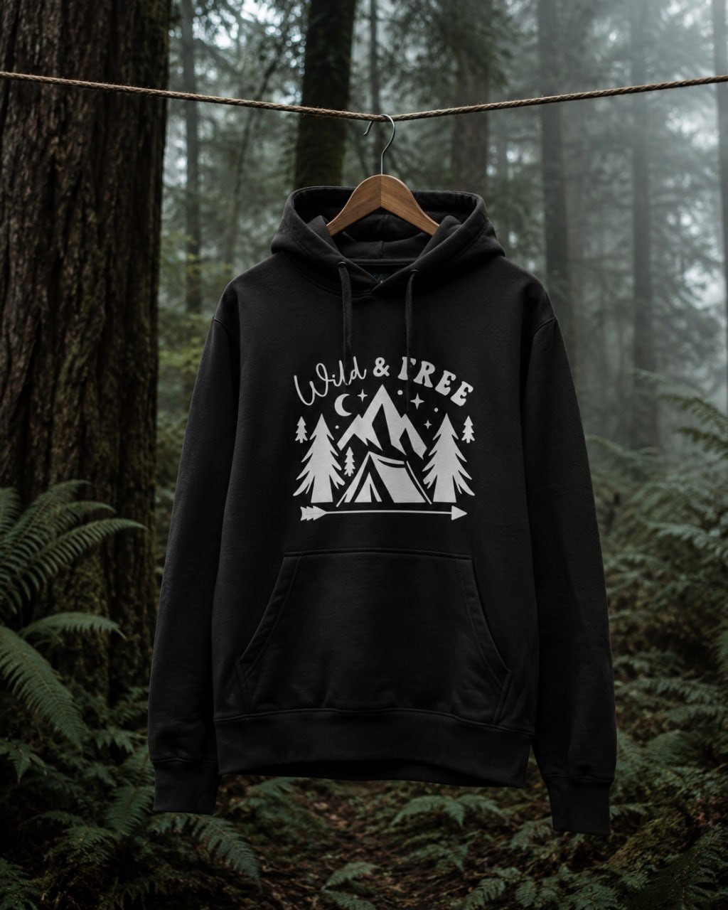 Wild and Free black hoodie with mountains and trees design hanging in a forest