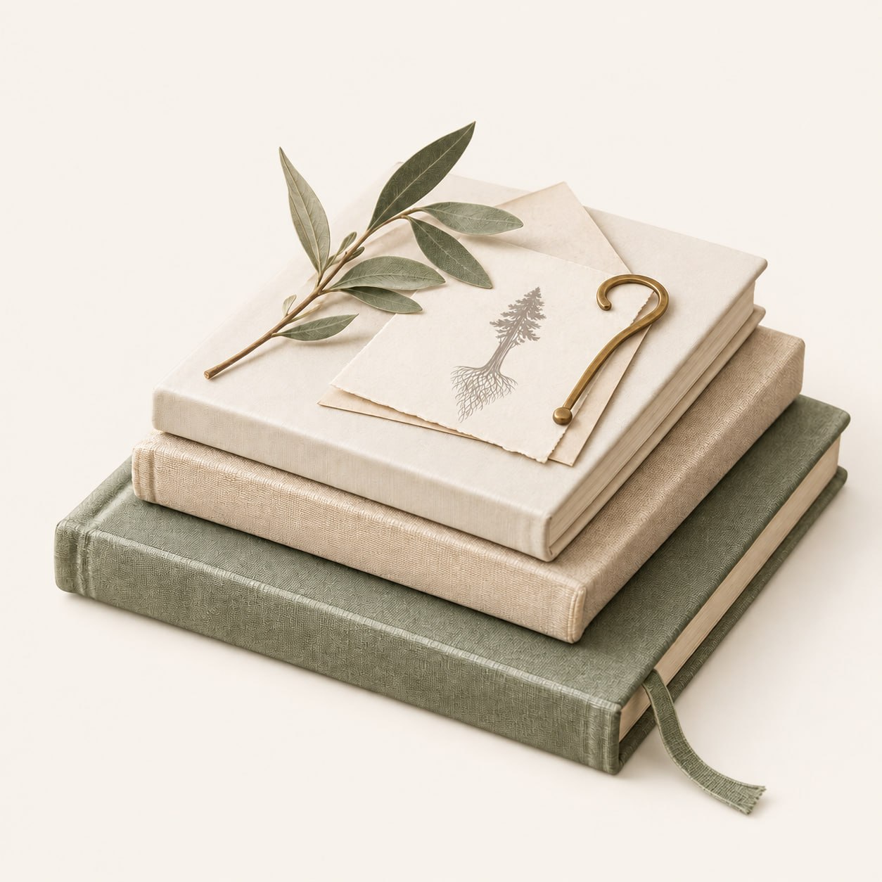 Stack of linen journals in sage and cream with eucalyptus and tree illustration